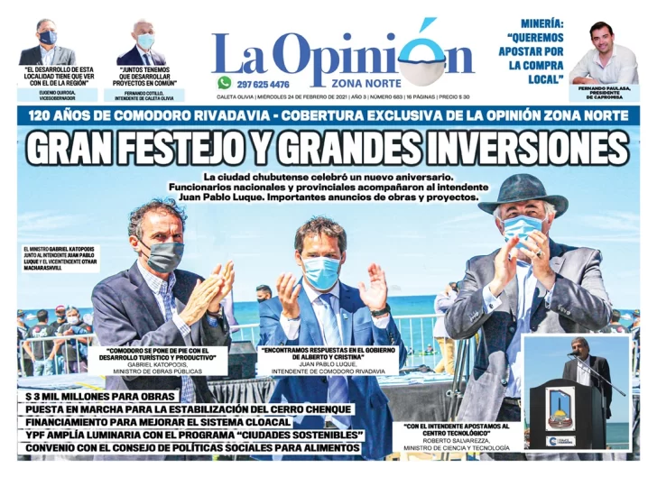 Diario La Opinión Zona Norte tapa edición impresa del 24 de febrero de 2021, Santa Cruz, Argentina