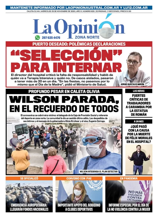 Diario La Opinión Zona Norte tapa edición impresa del 25 de noviembre de 2020, Santa Cruz, Argentina