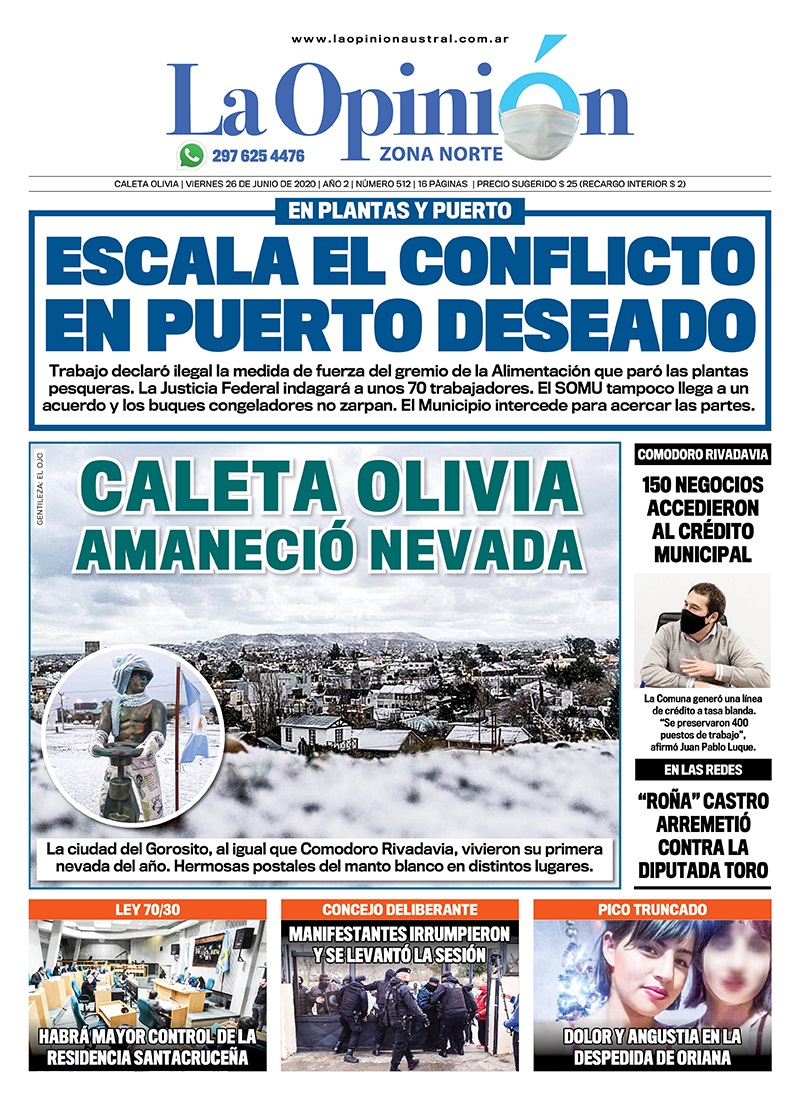 Diario La Opinión Zona Norte tapa edición impresa del 26 de junio de 2020, Santa Cruz, Argentina