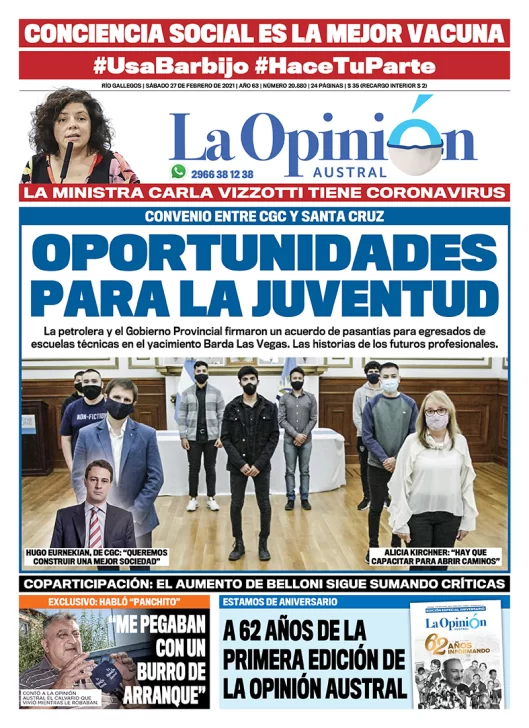 Diario La Opinión Austral tapa edición impresa del 27 de febrero de 2021, Río Gallegos, Santa Cruz, Argentina