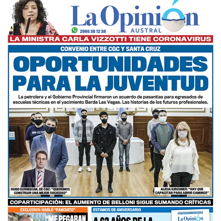 Diario La Opinión Austral tapa edición impresa del 27 de febrero de 2021, Río Gallegos, Santa Cruz, Argentina