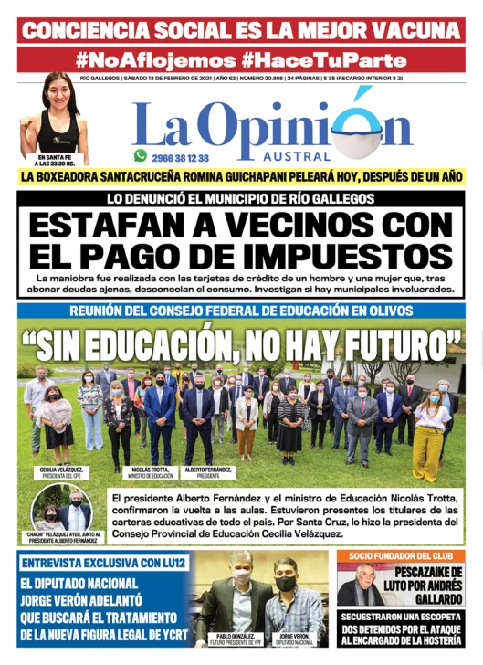 Diario La Opinión Austral tapa edición impresa del 13 de febrero de 2021, Río Gallegos, Santa Cruz, Argentina