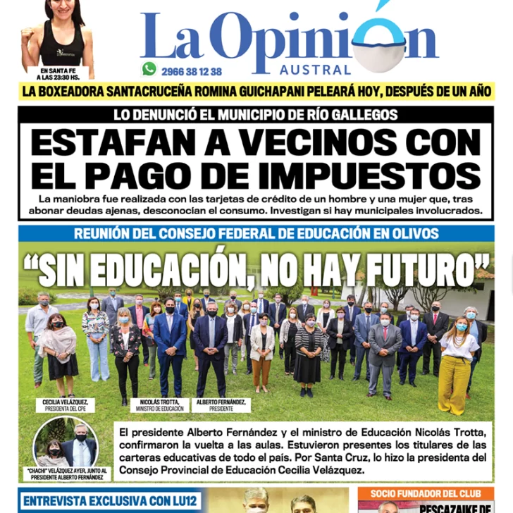 Diario La Opinión Austral tapa edición impresa del 13 de febrero de 2021, Río Gallegos, Santa Cruz, Argentina