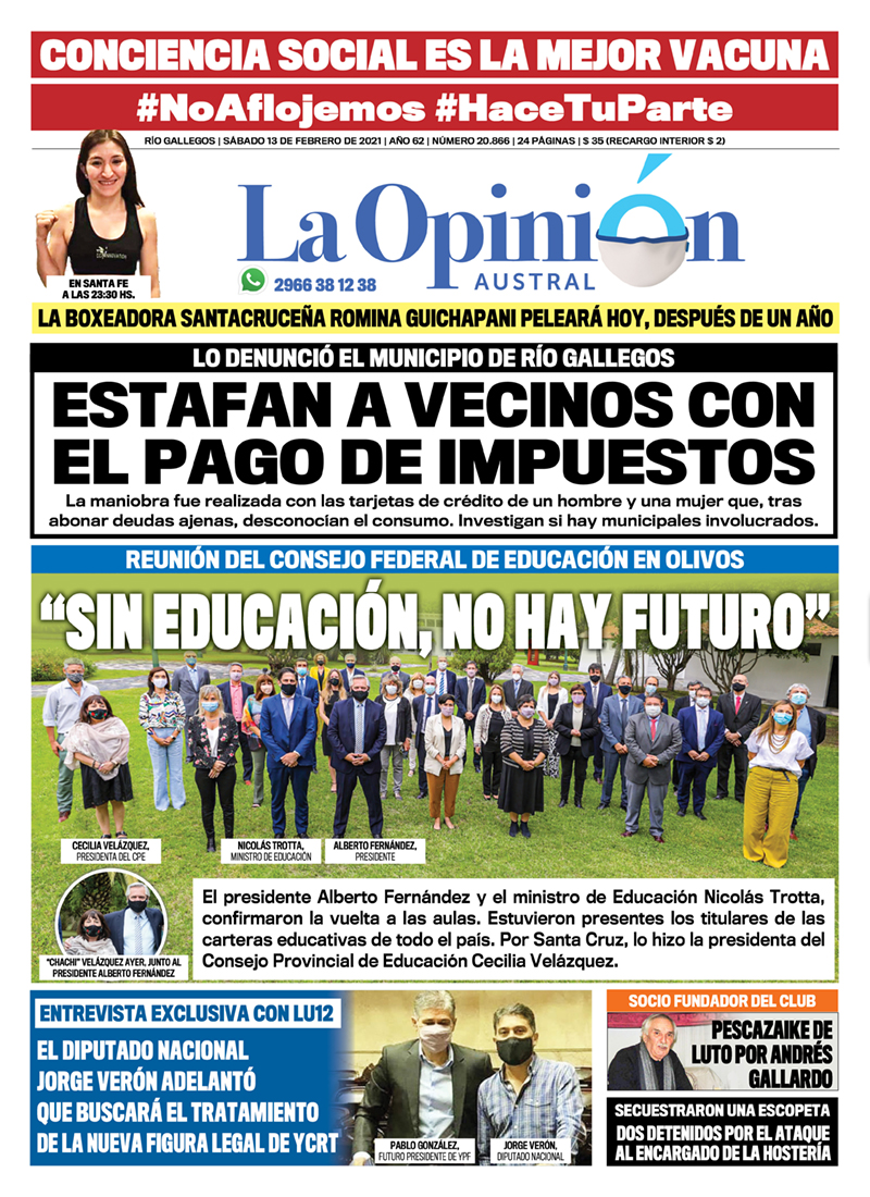 Diario La Opinión Austral tapa edición impresa del 13 de febrero de 2021, Río Gallegos, Santa Cruz, Argentina