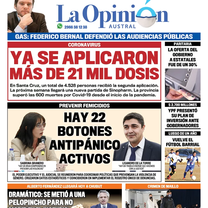 Diario La Opinión Austral tapa edición impresa del 13 de marzo de 2021, Río Gallegos, Santa Cruz, Argentina