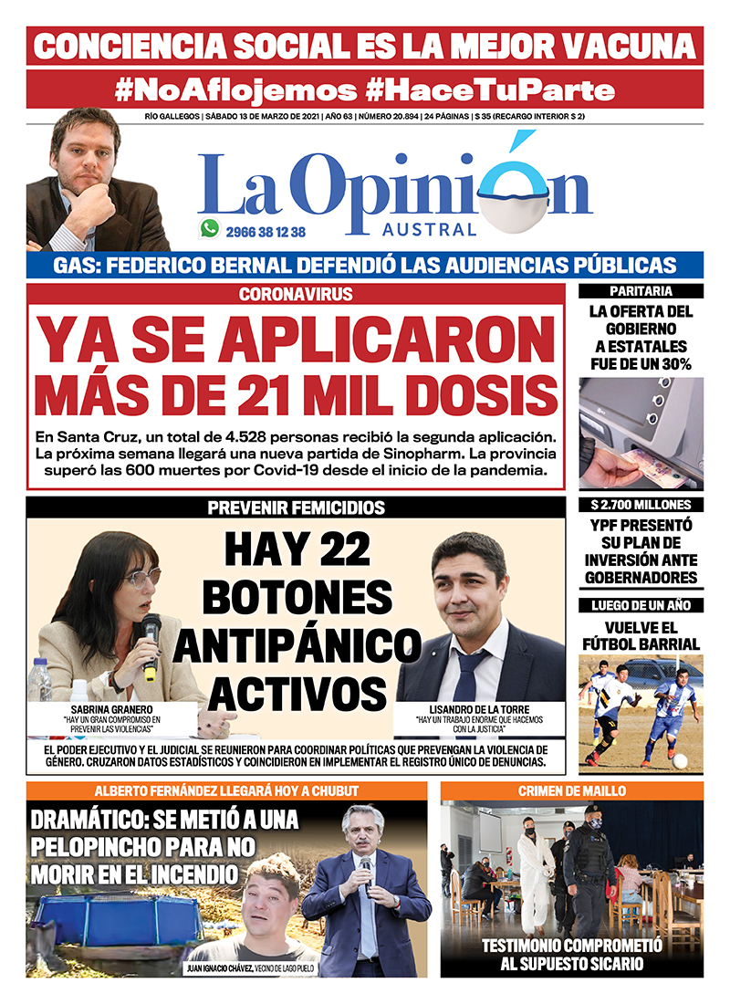 Diario La Opinión Austral tapa edición impresa del 13 de marzo de 2021, Río Gallegos, Santa Cruz, Argentina
