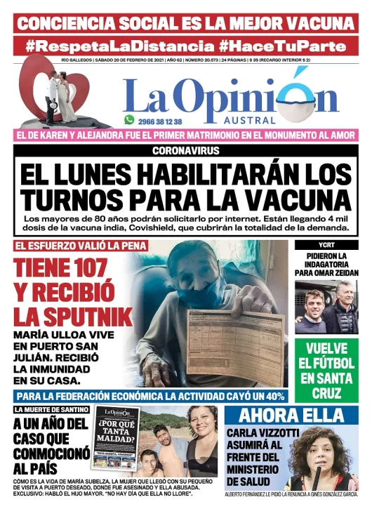 Diario La Opinión Austral tapa edición impresa del 20 de febrero de 2021, Río Gallegos, Santa Cruz, Argentina