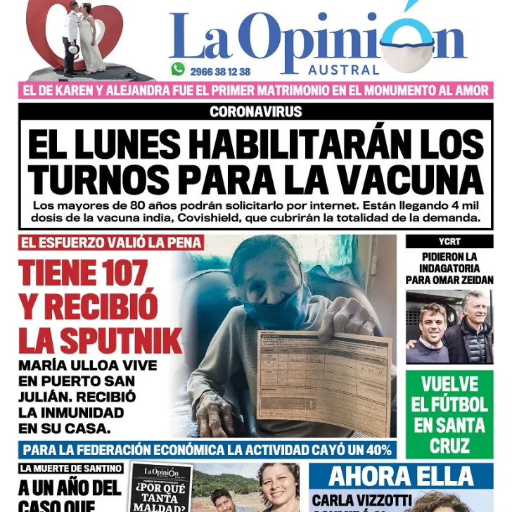 Diario La Opinión Austral tapa edición impresa del 20 de febrero de 2021, Río Gallegos, Santa Cruz, Argentina