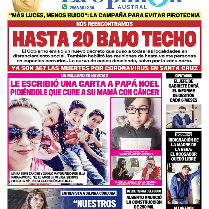 Diario La Opinión Austral tapa edición impresa del 22 de diciembre de 2020, Río Gallegos, Santa Cruz, Argentina