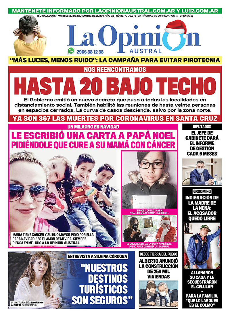 Diario La Opinión Austral tapa edición impresa del 22 de diciembre de 2020, Río Gallegos, Santa Cruz, Argentina