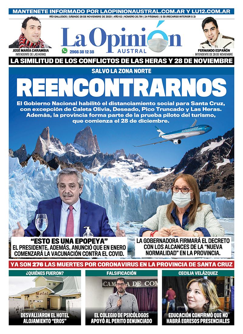 Diario La Opinión Austral tapa edición impresa del 28 de noviembre de 2020, Río Gallegos, Santa Cruz, Argentina