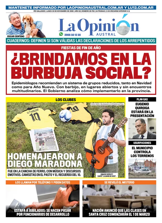 Diario La Opinión Austral tapa edición impresa del 30 de noviembre de 2020, Río Gallegos, Santa Cruz, Argentina