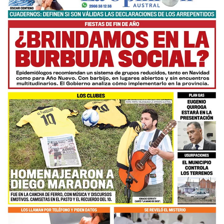 Diario La Opinión Austral tapa edición impresa del 30 de noviembre de 2020, Río Gallegos, Santa Cruz, Argentina