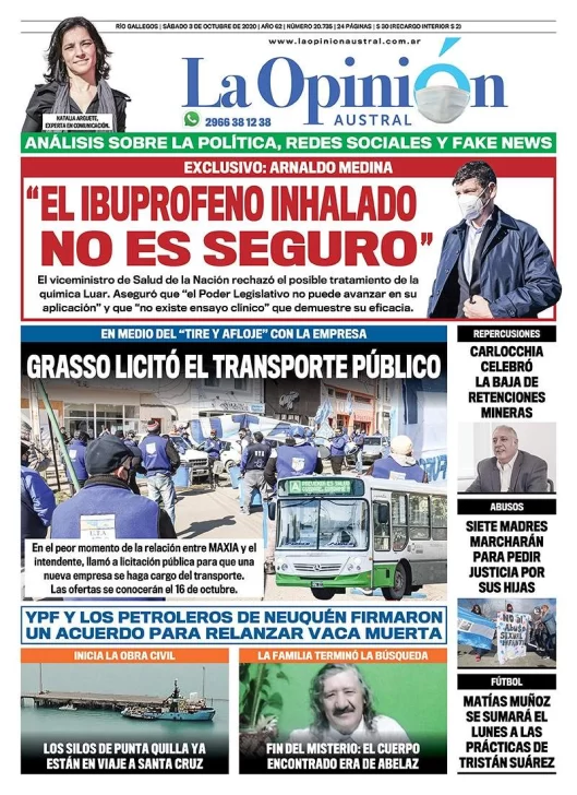 Diario La Opinión Austral tapa edición impresa del 3 de octubre de 2020, Río Gallegos, Santa Cruz, Argentina