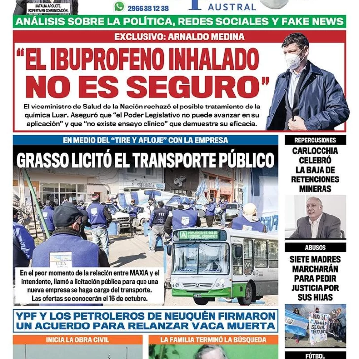 Diario La Opinión Austral tapa edición impresa del 3 de octubre de 2020, Río Gallegos, Santa Cruz, Argentina