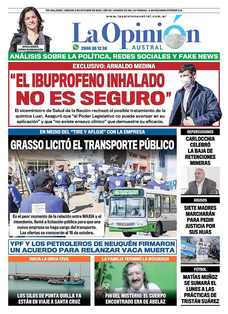 Diario La Opinión Austral tapa edición impresa del 3 de octubre de 2020, Río Gallegos, Santa Cruz, Argentina