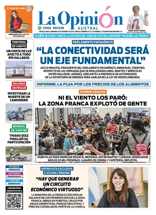 Diario La Opinión Austral tapa edición impresa del 24 de octubre de 2021 Río Gallegos, Santa Cruz, Argentina
