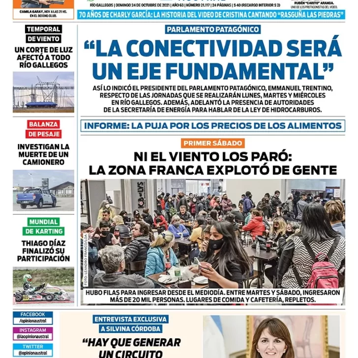 Diario La Opinión Austral tapa edición impresa del 24 de octubre de 2021 Río Gallegos, Santa Cruz, Argentina