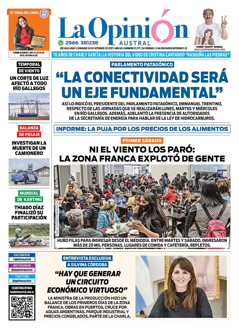 Diario La Opinión Austral tapa edición impresa del 24 de octubre de 2021 Río Gallegos, Santa Cruz, Argentina