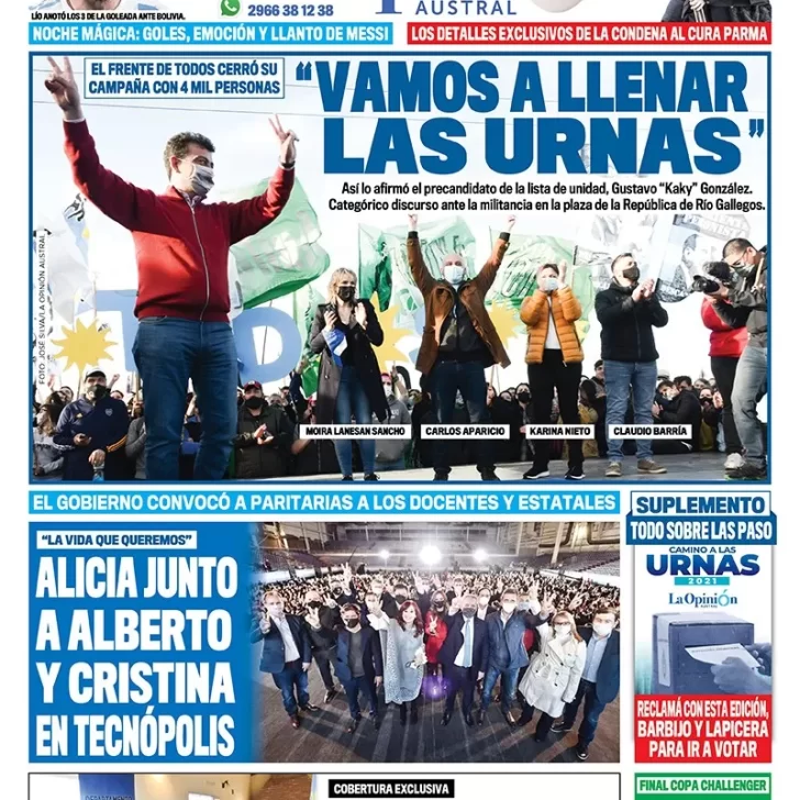 Diario La Opinión Austral tapa edición impresa del 10 de septiembre de 2021 Río Gallegos, Santa Cruz, Argentina