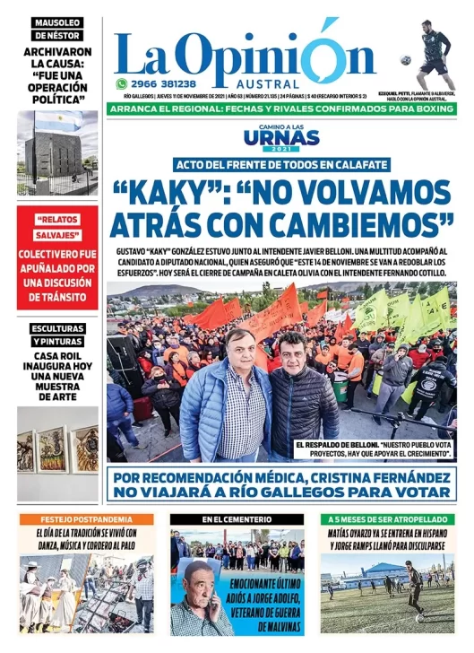 Diario La Opinión Austral tapa edición impresa del 11 de noviembre de 2021 Río Gallegos, Santa Cruz, Argentina