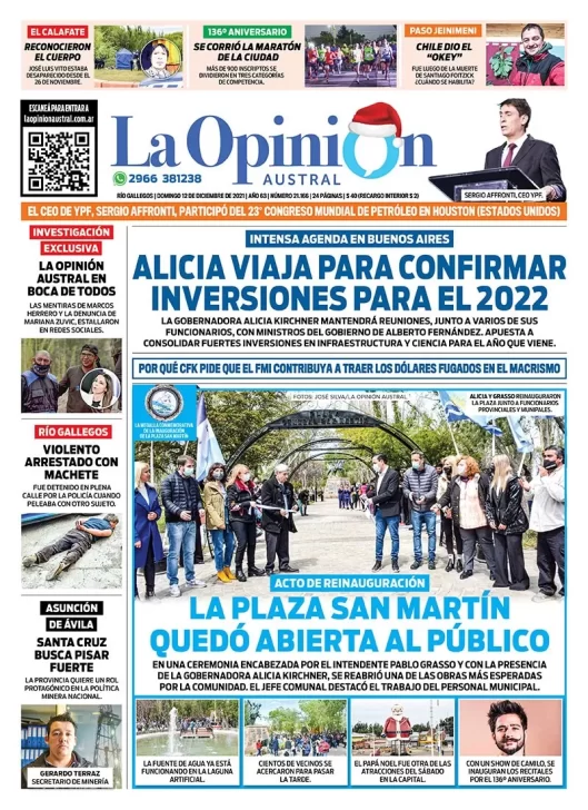 Diario La Opinión Austral tapa edición impresa del 12 de diciembre de 2021 Río Gallegos, Santa Cruz, Argentina