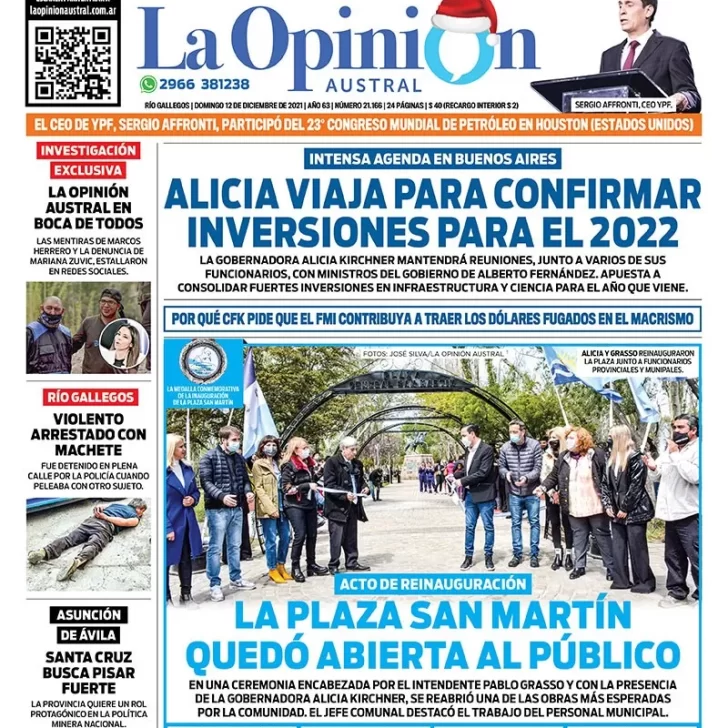 Diario La Opinión Austral tapa edición impresa del 12 de diciembre de 2021 Río Gallegos, Santa Cruz, Argentina Diario La Opinión Austral tapa edición impresa del 12 de diciembre de 2021 Río Gallegos, Santa Cruz, Argentina