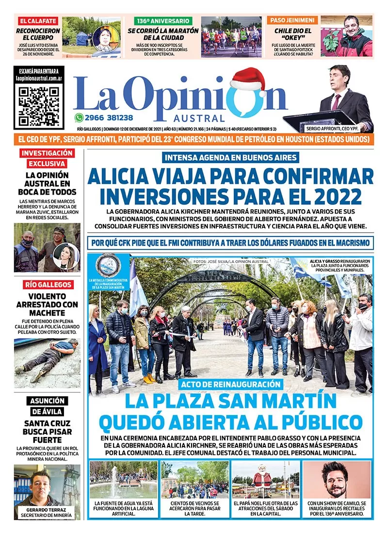 Diario La Opinión Austral tapa edición impresa del 12 de diciembre de 2021 Río Gallegos, Santa Cruz, Argentina Diario La Opinión Austral tapa edición impresa del 12 de diciembre de 2021 Río Gallegos, Santa Cruz, Argentina
