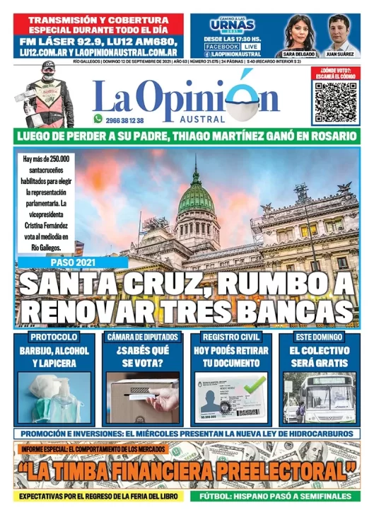 Diario La Opinión Austral tapa edición impresa del 12 de septiembre de 2021 Río Gallegos, Santa Cruz, Argentina