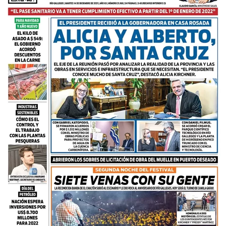 Diario La Opinión Austral tapa edición impresa del 14 de diciembre de 2021 Río Gallegos, Santa Cruz, Argentina