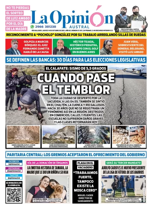 Diario La Opinión Austral tapa edición impresa del 14 de octubre de 2021 Río Gallegos, Santa Cruz, Argentina