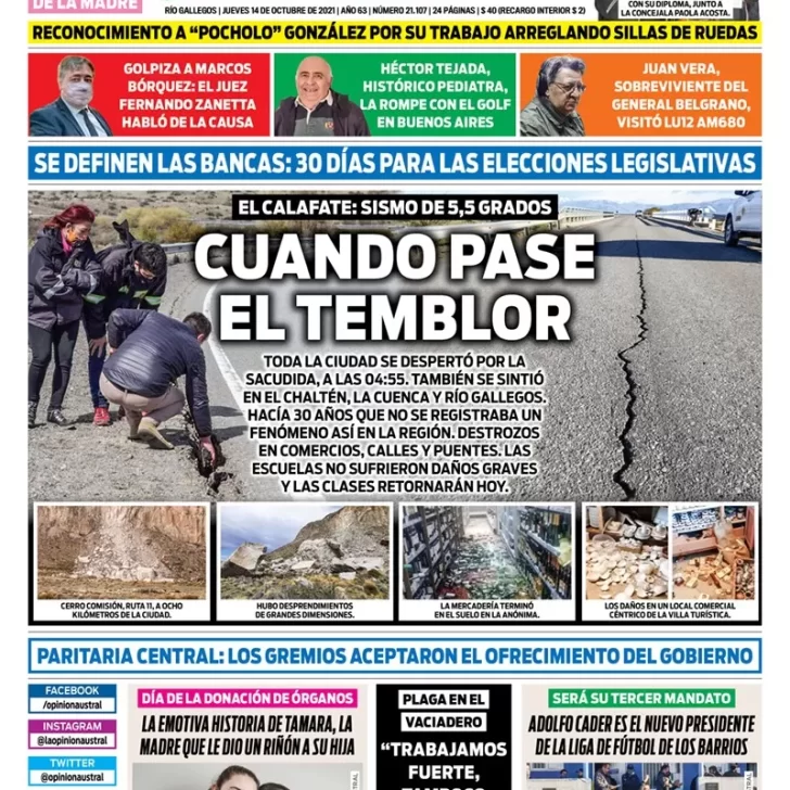 Diario La Opinión Austral tapa edición impresa del 14 de octubre de 2021 Río Gallegos, Santa Cruz, Argentina