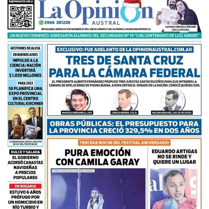 Diario La Opinión Austral tapa edición impresa del 15 de diciembre de 2021 Río Gallegos, Santa Cruz, Argentina