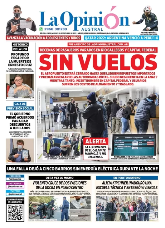 Diario La Opinión Austral tapa edición impresa del 15 de octubre de 2021 Río Gallegos, Santa Cruz, Argentina