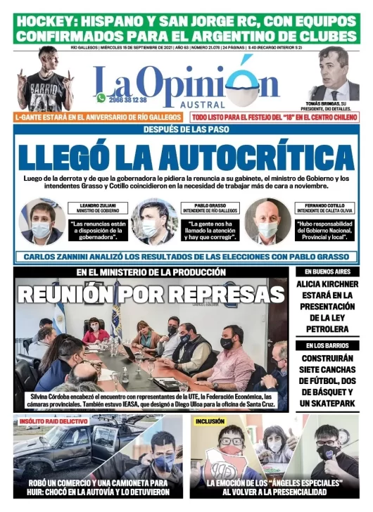 Diario La Opinión Austral tapa edición impresa del 15 de septiembre de 2021 Río Gallegos, Santa Cruz, Argentina