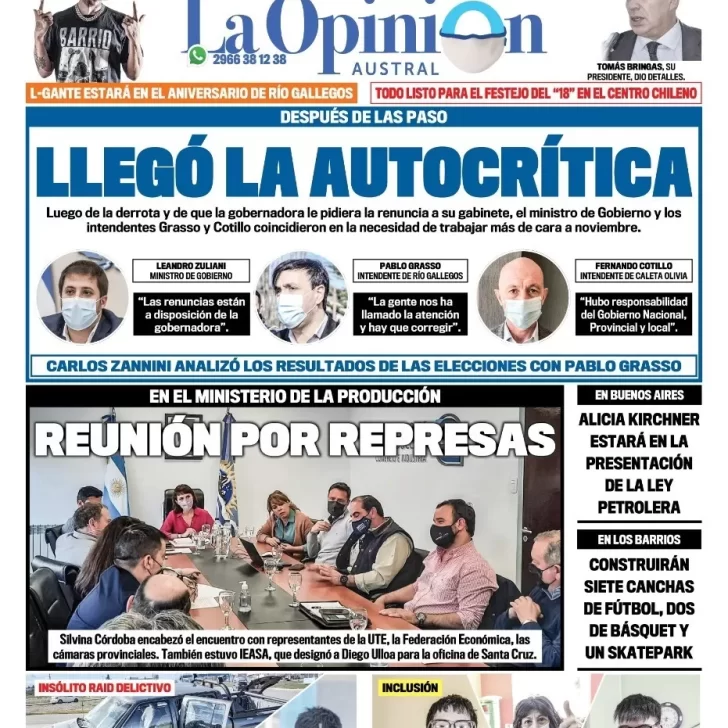 Diario La Opinión Austral tapa edición impresa del 15 de septiembre de 2021 Río Gallegos, Santa Cruz, Argentina