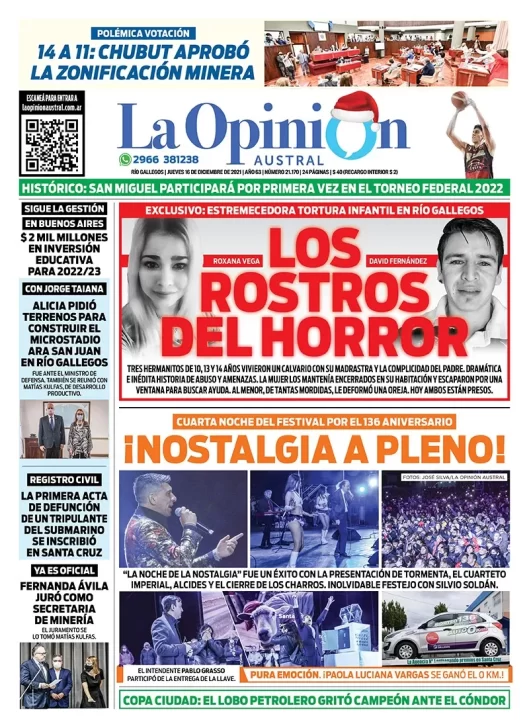 Diario La Opinión Austral tapa edición impresa del 16 de diciembre de 2021 Río Gallegos, Santa Cruz, Argentina