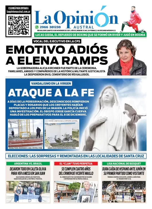 Diario La Opinión Austral tapa edición impresa del 16 de noviembre de 2021 Río Gallegos, Santa Cruz, Argentina