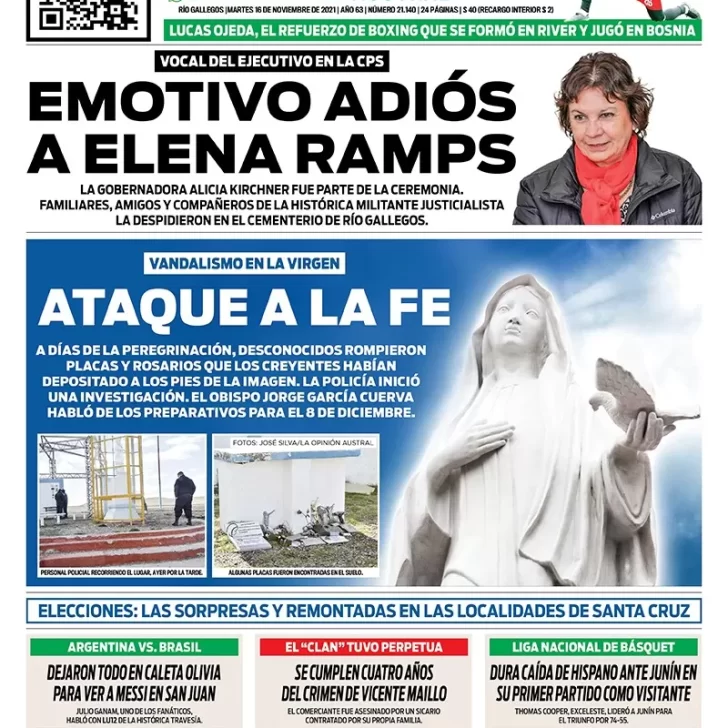 Diario La Opinión Austral tapa edición impresa del 16 de noviembre de 2021 Río Gallegos, Santa Cruz, Argentina