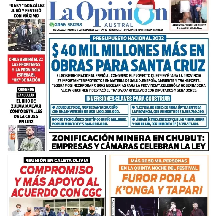 Diario La Opinión Austral tapa edición impresa del 17 de diciembre de 2021 Río Gallegos, Santa Cruz, Argentina