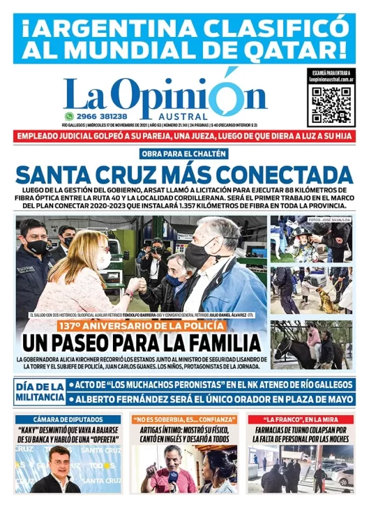 Diario La Opinión Austral tapa edición impresa del 17 de noviembre de 2021 Río Gallegos, Santa Cruz, Argentina