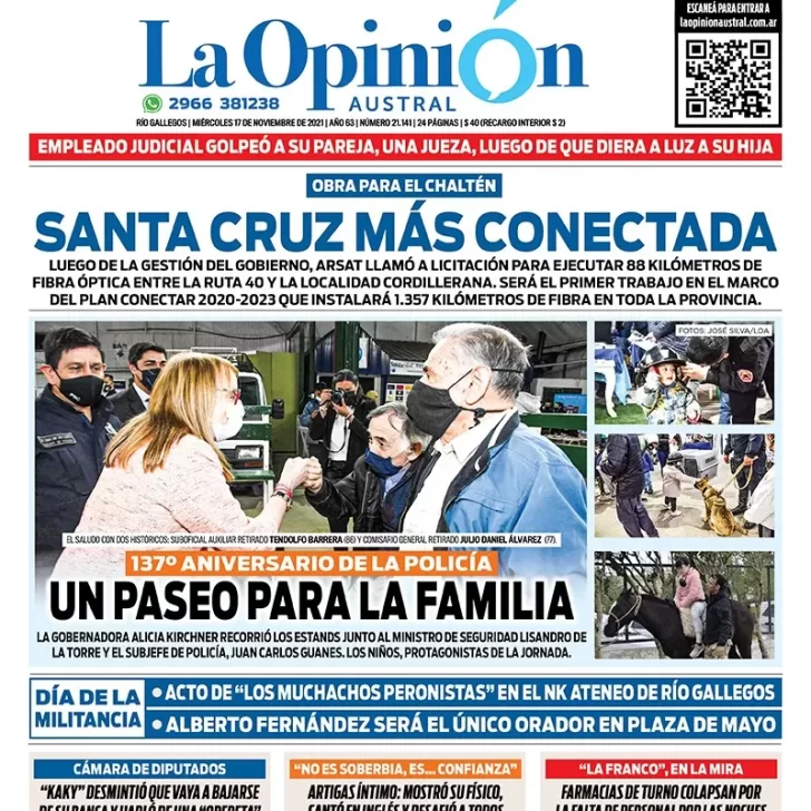 Diario La Opinión Austral tapa edición impresa del 17 de noviembre de 2021 Río Gallegos, Santa Cruz, Argentina