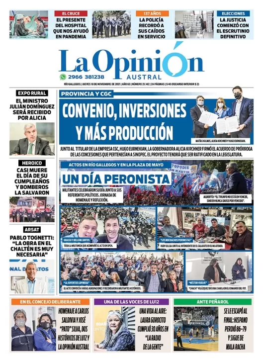 Diario La Opinión Austral tapa edición impresa del 18 de noviembre de 2021 Río Gallegos, Santa Cruz, Argentina