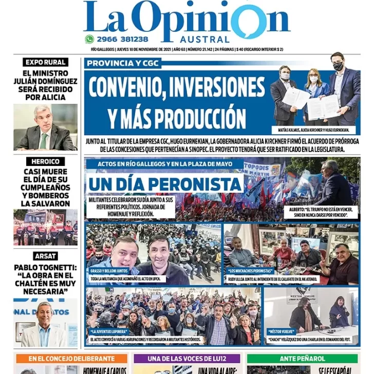 Diario La Opinión Austral tapa edición impresa del 18 de noviembre de 2021 Río Gallegos, Santa Cruz, Argentina