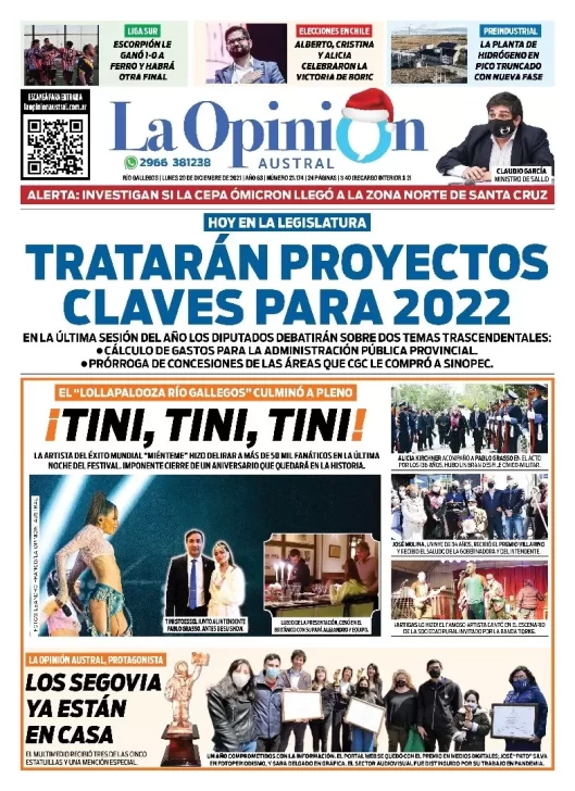 Diario La Opinión Austral tapa edición impresa del 20 de diciembre de 2021 Río Gallegos, Santa Cruz, Argentina
