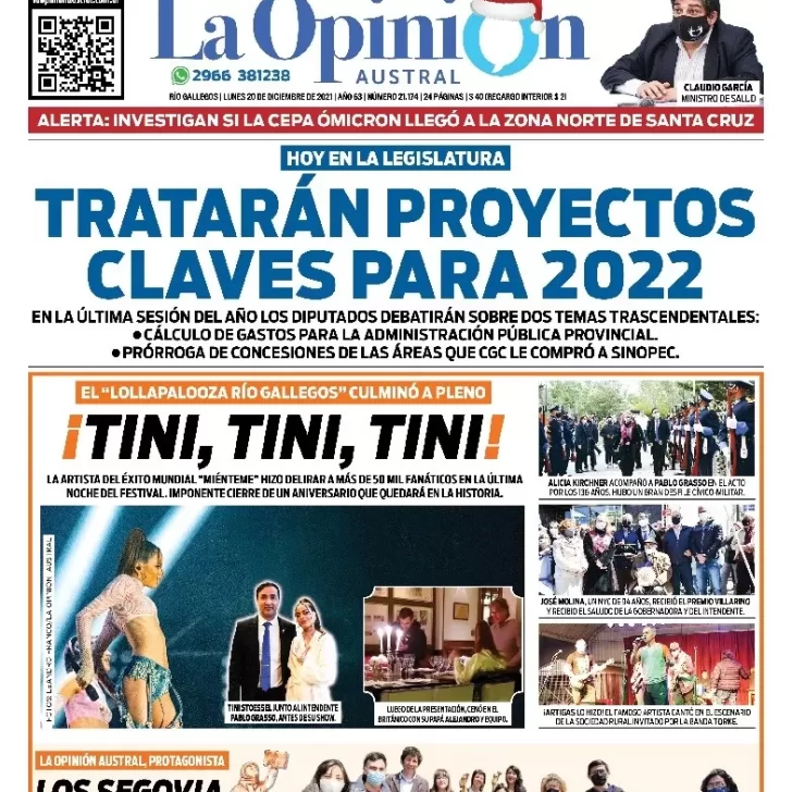 Diario La Opinión Austral tapa edición impresa del 20 de diciembre de 2021 Río Gallegos, Santa Cruz, Argentina