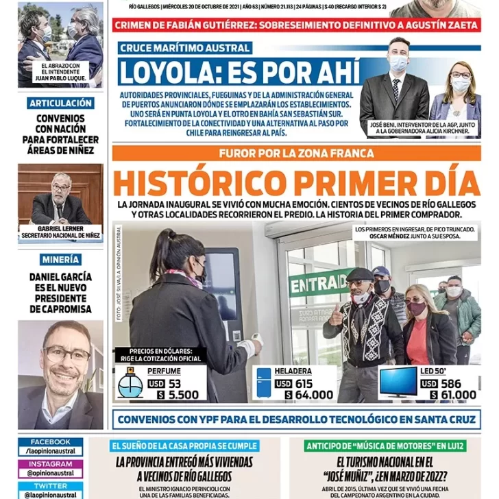 Diario La Opinión Austral tapa edición impresa del 20 de octubre de 2021 Río Gallegos, Santa Cruz, Argentina Diario La Opinión Austral tapa edición impresa del 20 de octubre de 2021 Río Gallegos, Santa Cruz, Argentina