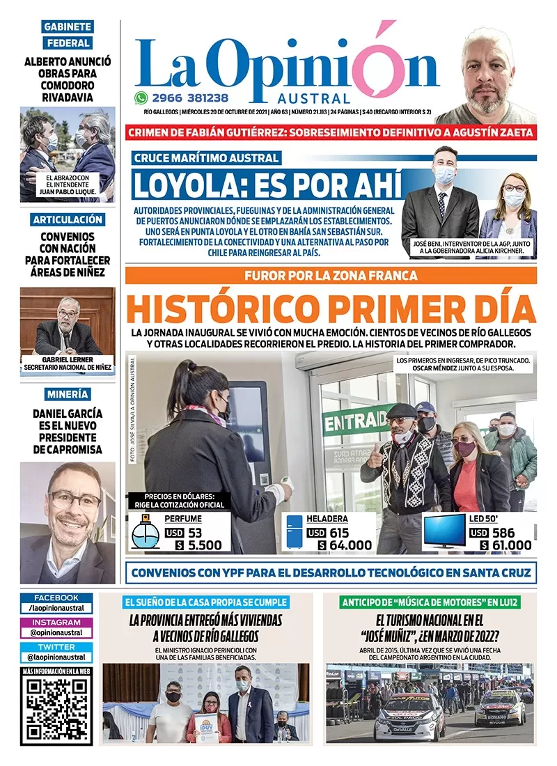 Diario La Opinión Austral tapa edición impresa del 20 de octubre de 2021 Río Gallegos, Santa Cruz, Argentina Diario La Opinión Austral tapa edición impresa del 20 de octubre de 2021 Río Gallegos, Santa Cruz, Argentina