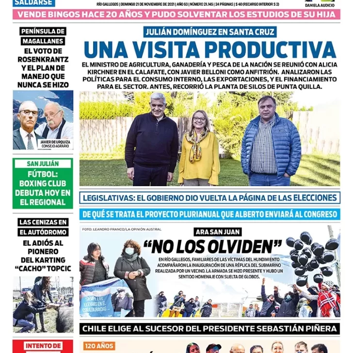 Diario La Opinión Austral tapa edición impresa del 21 de noviembre de 2021 Río Gallegos, Santa Cruz, Argentina