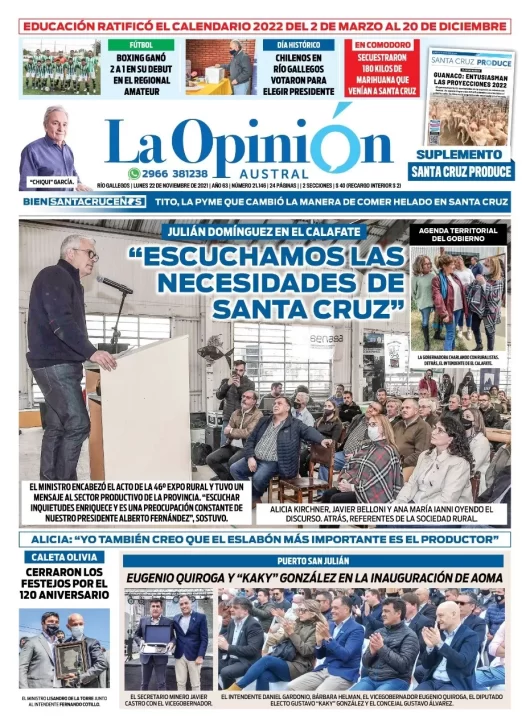 Diario La Opinión Austral tapa edición impresa del 22 de noviembre de 2021 Río Gallegos, Santa Cruz, Argentina